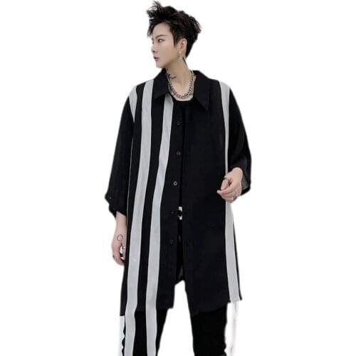 Summer Extra long Punk rock collage shirt men Short sleeves Stripes Cool stylish Harajuku Black color