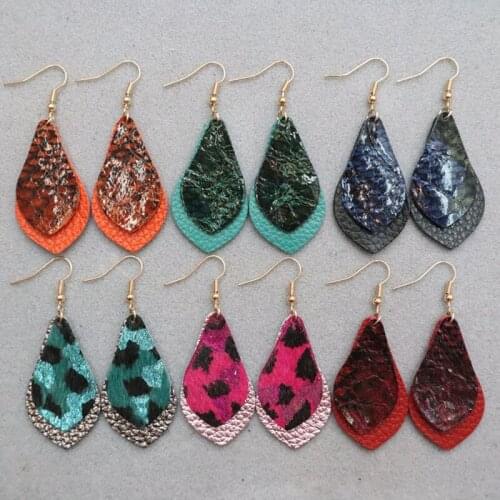 New Delicate Glitter Leopard Printed Leather Rhombus Leaf Earrings Double Layer Colorful Cheetah Water Drop Earrings Fashion