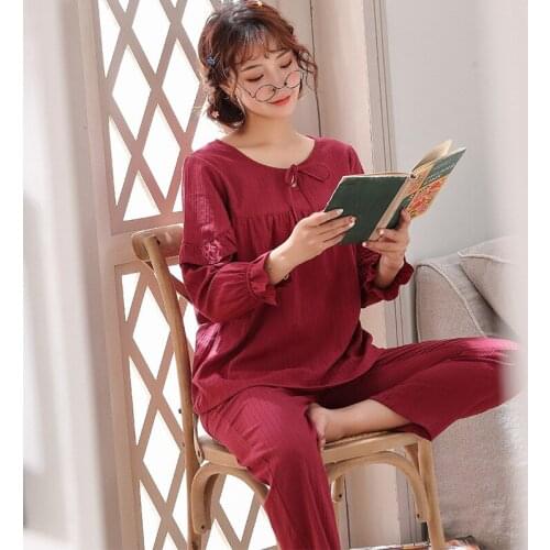 New Womens Cotton Pajamas, Solid Color, Large Size, Long-sleeved Trousers, Spring and Autumn Pajamas, Round Neck, Home Wear