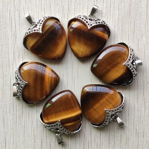 Wholesale 6pcs/lot 2021 New good quality natural tiger eye stone and alloy heart shape pendants for jewelry making free shipping