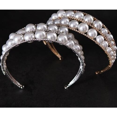 Simple Stylish Big Pearls Tiaras and Crowns Headbands for Women Rhinestone Headdress Bridal Wedding Hair Jewelry Hairband