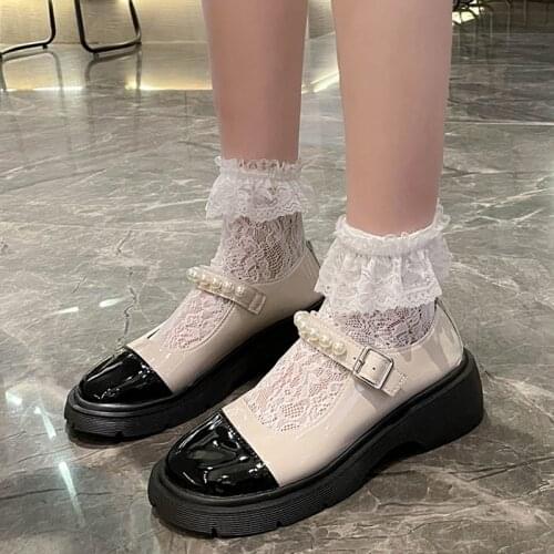 Rimocy Fashion Pearl Strap Mix Color Mary Janes Women Patent Leather Square Heel Lolita Shoes Woman Thick Platform Buckle Shoes