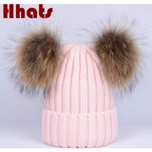 Double large real raccoon fur female cap fashion two genuine fur pom pom women hat thick warm bobble girl knit skullies beanie