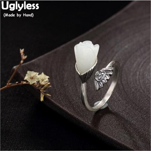 Uglyless 100% Real Solid 925 Sterling Silver Handmade Thai Silver Lotus Open Rings for Women Natural Jade Magnolia Finger Ring