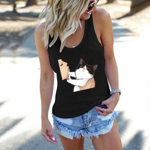 Funny Cat Printed Women Tank Tops Sleeveless Round Neck Summer Loose Tee Shirt Femme Plus Size 90s Ladies Vest Casual Shirt