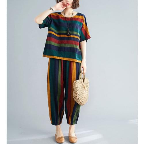 Cotton plus size vintage summer casual 2 two piece set loose tee t shirt women t-shirt ladies tshirt 2021 tops wide leg pants