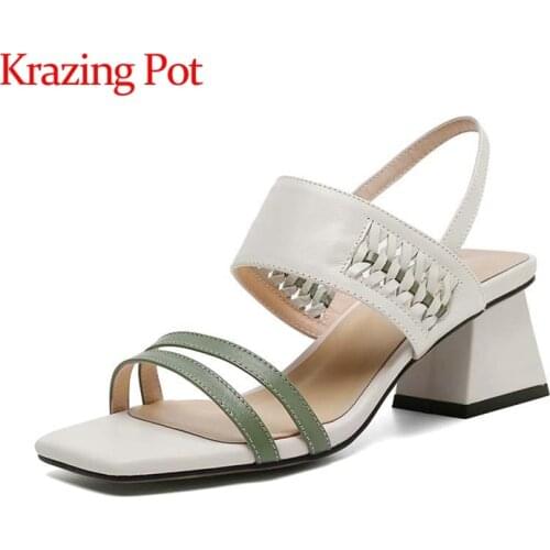 Krazing pot genuine leather med heels square toe mixed colors weave high fashion Korean girls slip on women summer sandals L06