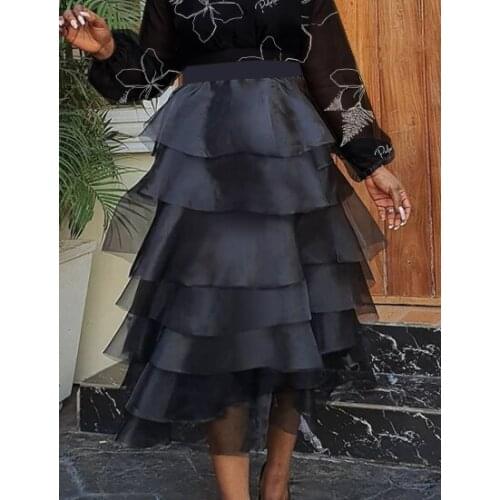 AOMEI Women Midi Long Skirts Black Cake Skirt Pleated High Waist Summer Ruffle Elegant Fashion Evening Party Female Clothing