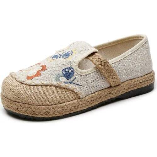 2021 Vintage Women Shoes Thai Cotton Linen Canvas Butterfly Embroidered Cloth Single National Flats Woven Round Toe Shoes