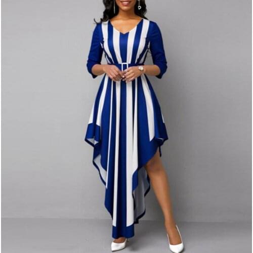 20201 Summer New Formal High Waist Tight Dress Stripe Print V Neck Elegant 3/4 Tight Sleeve Irregular Hem Dress for Wedding