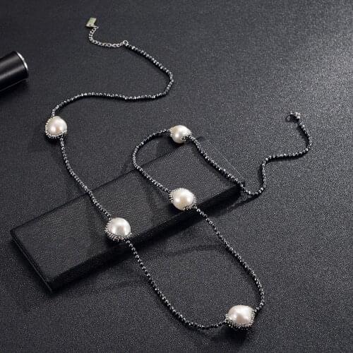 Ambrum Big Baroque Pearl Necklace,Hematite Women Long Sweater Necklace,Trendy Beaded Costume Beach Necklace,Luxury Real Pearls