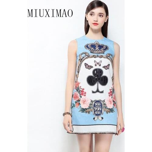 MIUXIMAO 2019 Spring Summer Runway Dress Womens Sleeveless Diamonds Beading Floral Print Vintage Party Vintage Casual Dress