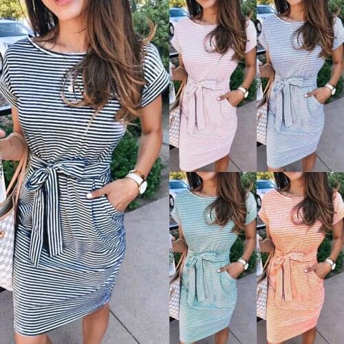 Summer Dress Womens Clothing 2021 Causal Robe Femme Striped Print Short Sleeve Pocket Y2K Dresses For Woman Vestido De Mujer