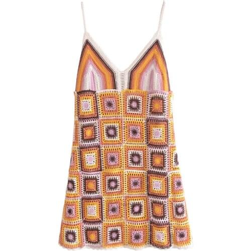 Women Boho Style V Neck Knitted Mini Dress Sexy Spaghetti Strap Party Dress Female Sleeveless Backless Beach Dresses