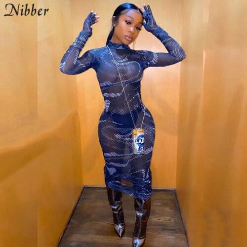 Nibber sexy club wear see-through maxi dresses women party night slim bodycon midi dress Elegant long sleeve graphic dress mujer