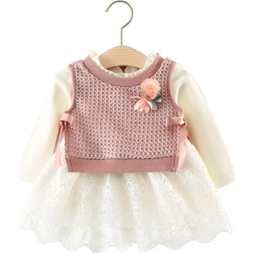 2pcs Pink Girls Cute Dress Newborn Kids Clothes Cotton Infant Clothing White Dress+Sweater Vest Set Baby Outfits