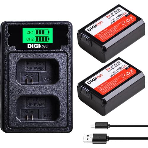 2Pcs 1500mAh NP-FW50 NPFW50 battery + LCD Dual charger for Sony Alpha a6500 a6400 a6300 a7 7R a7R a7R II a7II
