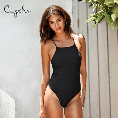 CUPSHE Ribbed Solid Black Strappy Bodysuit For Woman Sexy Scoop Neck Bodysuit Jumpsuit 2021 Summer Bodycon Bodysuit