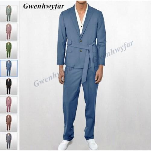 Gwenhwyfar Fashion Blue Color Casual Men Suits Pants Blazer with belt 2021 Mens 2 Pieces Custom Made Wedding Groomsmen Tuxedos