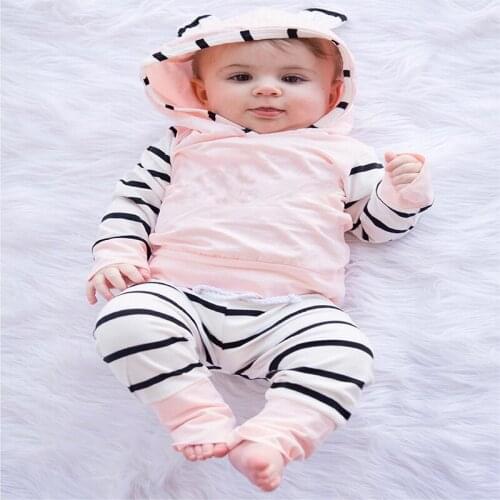 2Pcs Spring Newborn Infant Baby Girl Clothes Set Cotton Hooded Tops Casual Stripe Pants Autumn Toddler Boy Girls Clothing Outfit