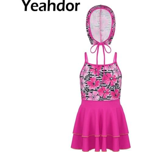 Summer Kids Girls Beach Swimwear Swimming Bathing Suit Adjustable Straps Sleeveless Open Upper Back Layered Dress with Hat Set
