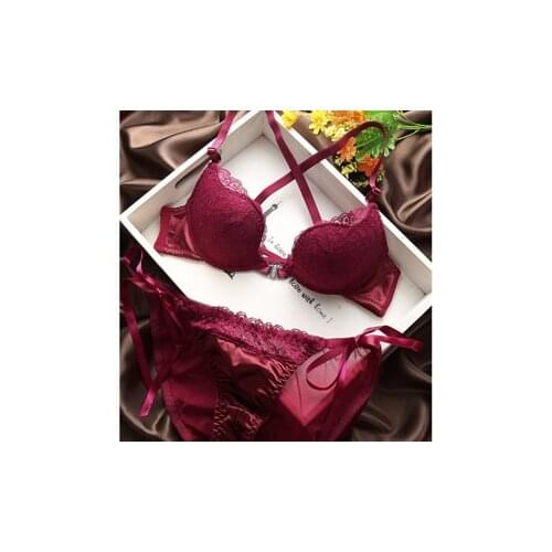 Hot selling !!2015 Front button young girl underwear set sexy W cup deep V-neck lace push up womens transparent bra set
