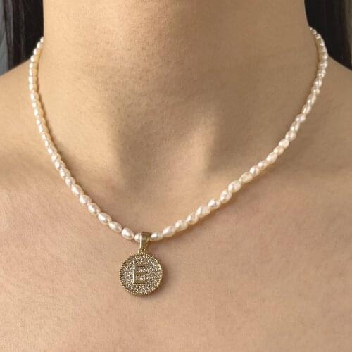 Trendy Round Initial Letters Pearl Choker Cubic Zirconia Micropave Setting Letter Pendant Necklace Freshwater Pearl Jewelry