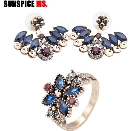 SUNSPICE MS Retro Vitnage Turkish Women Ethnic Rings Sets Bridal Wedding Jewelry Double Side Female Stud Earrings Turkish Bijoux