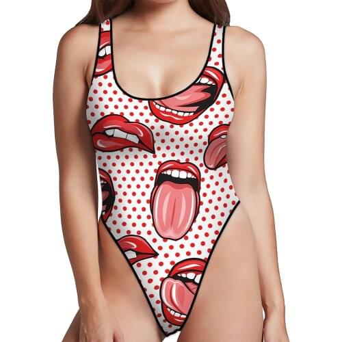 New Lip Print One-Piece Swimsuit Womens Swimwear Push-ups Monokini Sexy Tight One-Piece One-Piece Swimsuit Backless Swimsuit