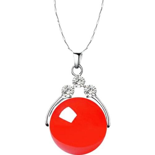 Pure silver clavicle Necklace cherry red single round transit pearl-jade Agate Pendant