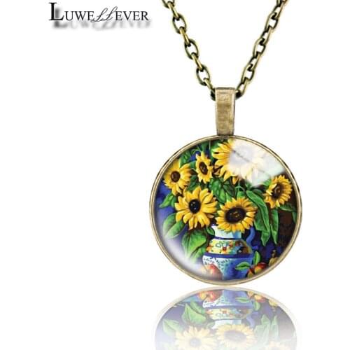 Sunflower Necklace 685 25mm Bronze 30mm Wood Rhinestone Double-sided Moon Round Glass Pendant For Women Gift
