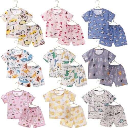 Boys Cotton Mesh Clothes Set Kids Short Sleeves 2PCS/Set Baby Pajamas Girls Sleepwear Tshirt Baby Set Clothing Nightwear DS29