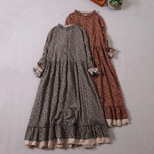 Japanese Mori girl art print dress autumn new floral dress loose long-sleeved dress
