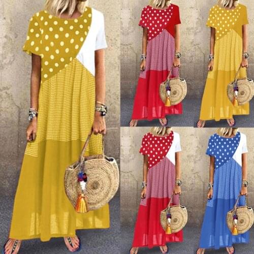 Womens Patchwork Vintage dress 2020 Fashion Dots Stripes Printed Dress Casual Vestidos Female Linen Bagyy Robe Plus Size S-3XL