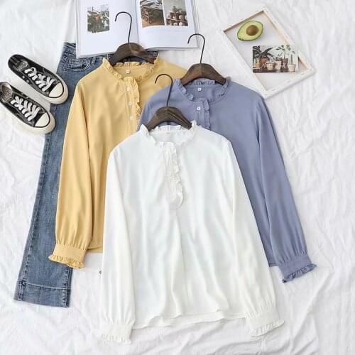 Fungus collar shirt spring new product 202 new item white chiffon top lady bottoming shirt literary white shirt