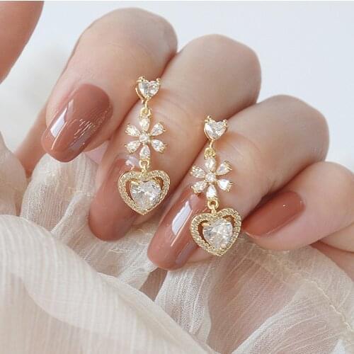 New Fashion Brand Delicate Jewelry 14K Real Gold Flower Stud Earrings for Women AAA Zircon CZ Heart Earrings