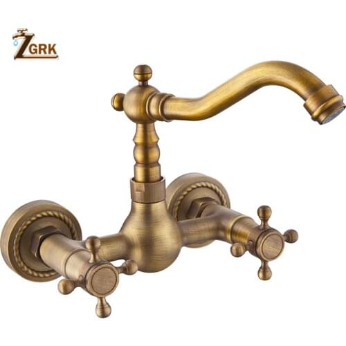 ZGRK 360 Swivel Antique Brass Bathroom Basin Sink Mix Tap Bathtub Dual Handles Wall Mounted Kitchen Basin Sink Mixer Faucet