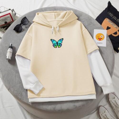 Color Block Hoodie Women Butterfly Tracksuit Women Fashion Winer Pullover Patchwork Korean Fashion Sweatshirt Street Clothes