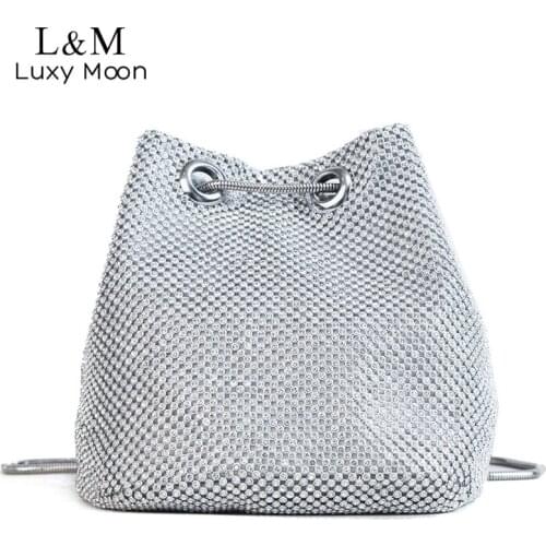 Women Mini Bucket Bag Rhinestone Chain Crossbody Bags Small Messenger Shoulder Bag Diamonds Girls Hand Bag Silver 2020 New XA52H