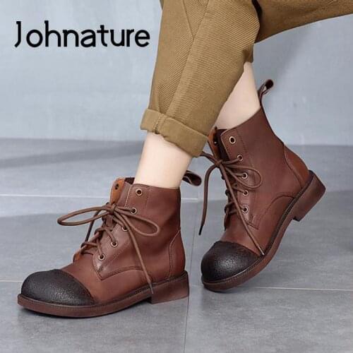 Johnature Genuine Leather Women Boots Ankle Shoes 2021 New Lace-Up Round Toe Flat With Leisure Concise Sewing Retro Ladies Boots