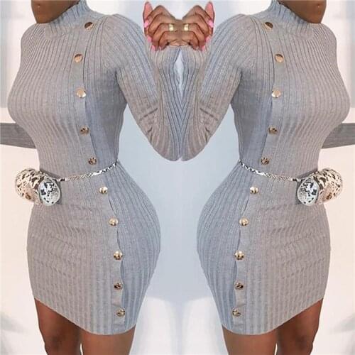 Women Dress Skinny Mini Party Ladies Dress Spring Fashion Sexy Ribbing Knitting O-neck Long Sleeve Single Breasted Dress