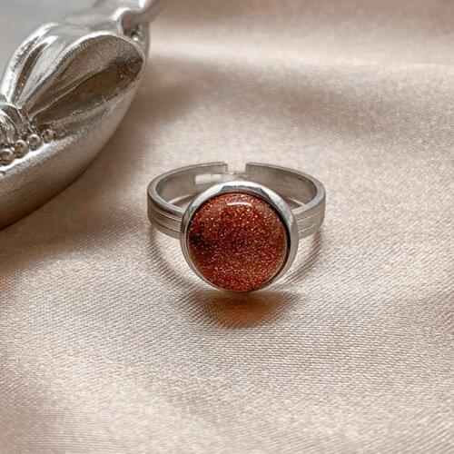 Vintage Elegant Natural Stone Ring 10 mm Round Fashion Rings for Women Red Agate Opal Black Agate Adjustable Ring