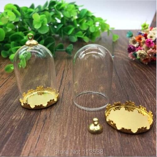 10sets/lot 38*25mm tube glass globe gole color crown base with 8mm metal cap glass vial pendant fashion glass pendant glass dome