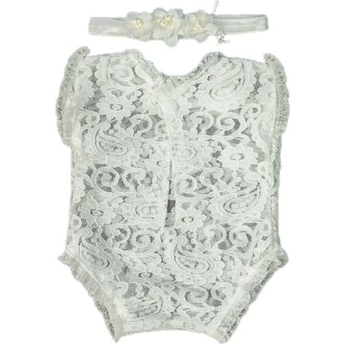 2 Pcs White flower Newborn Photography Props Lace Headband Romper Kit Photo Shooting Outfit