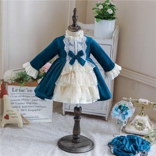 2PCS Winter Lace LongSleeve Velvet Palace Vintage Spanish Princess Lolita Ball Gown Dress for Bady Girls Christmas Birthday