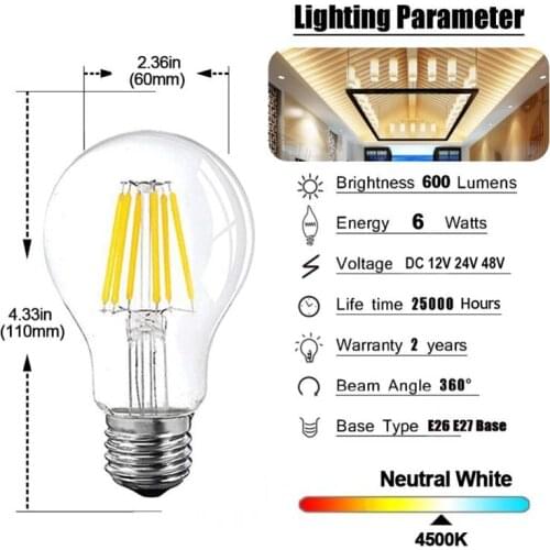 6pcs A19 A60 6W Transparent DC AC 12V 24V Extra-Iow Voltage dimmable light bulb Lamp holder E27 2200K 4500K