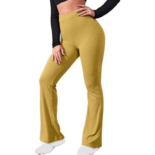 Women Pants Solid Color Knitted Summer High Waist Full Length Flared Trousers Ladies Summer Casual Knitted Sports Long Trousers