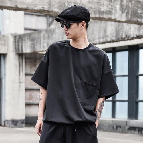 Original design tide brand top dark black hair stylist hem elastic shirt Yamamoto style male short-sleeved T-shirt