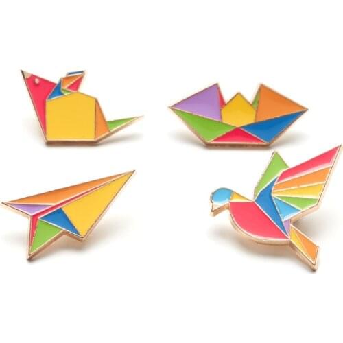 HOSENG Original Colorful Origami Toy Rainbow Cranes Airplane Boat Alloy Brooch Women Wedding Party Elegant Enamel Pin HS_566