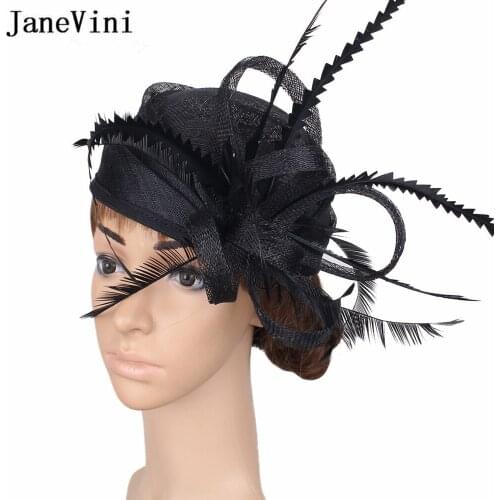 JaneVini 2021 Bridal Black Hats Feathers Facinators for Women Large Wedding Hat Headwear Cocktail Dinner Party Hair Accessories